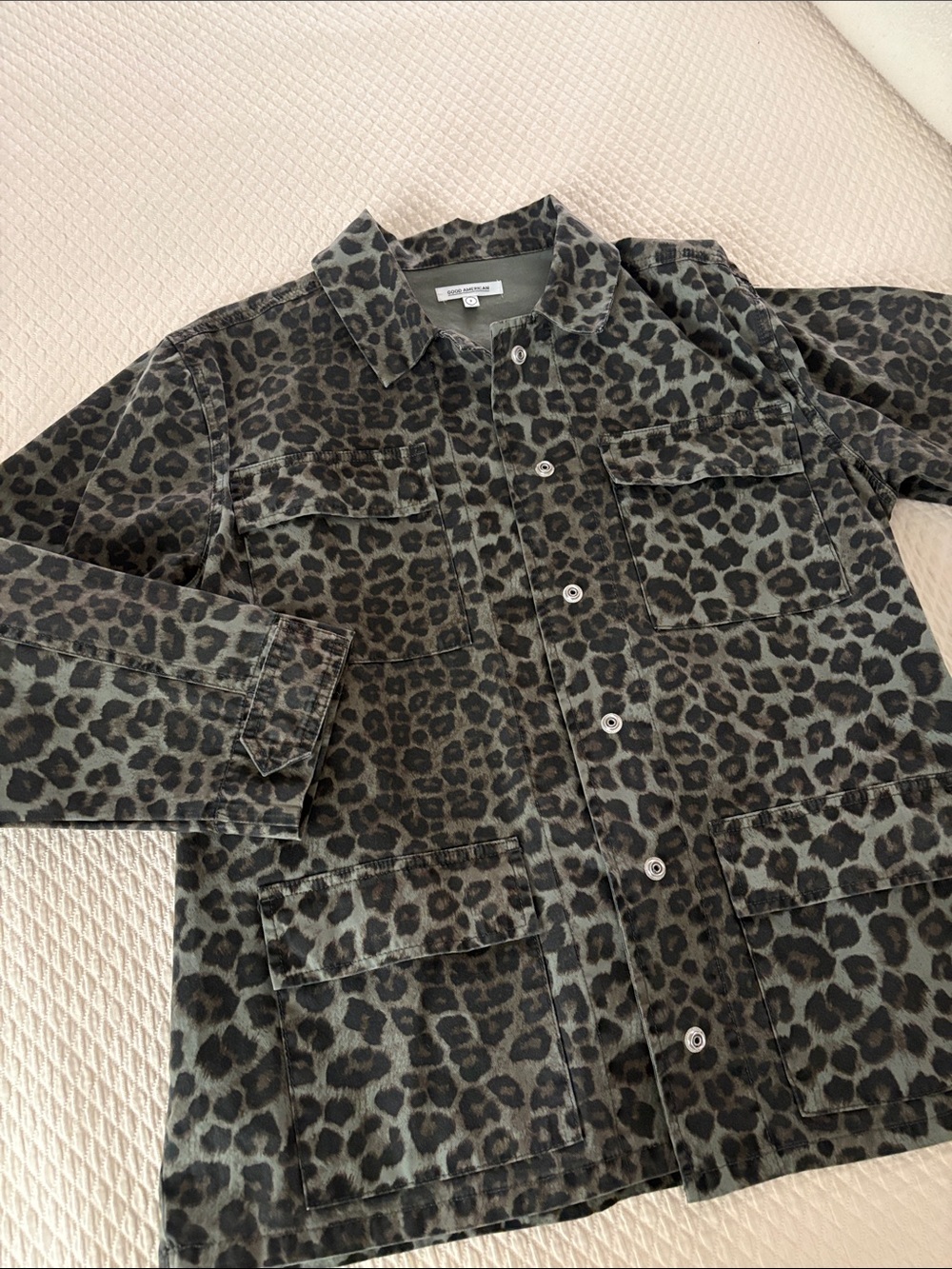 Good American Leopard Print Utility Jacket in Black and Olive